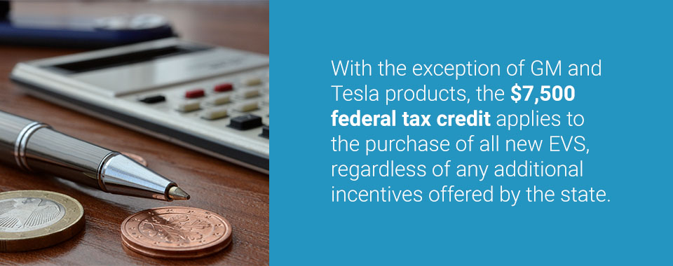 With the exception of GM and Tesla products, the $7,500 federal tax credit applies to the purchase of all new EVS, regardless of any additional incentives offered by the state.